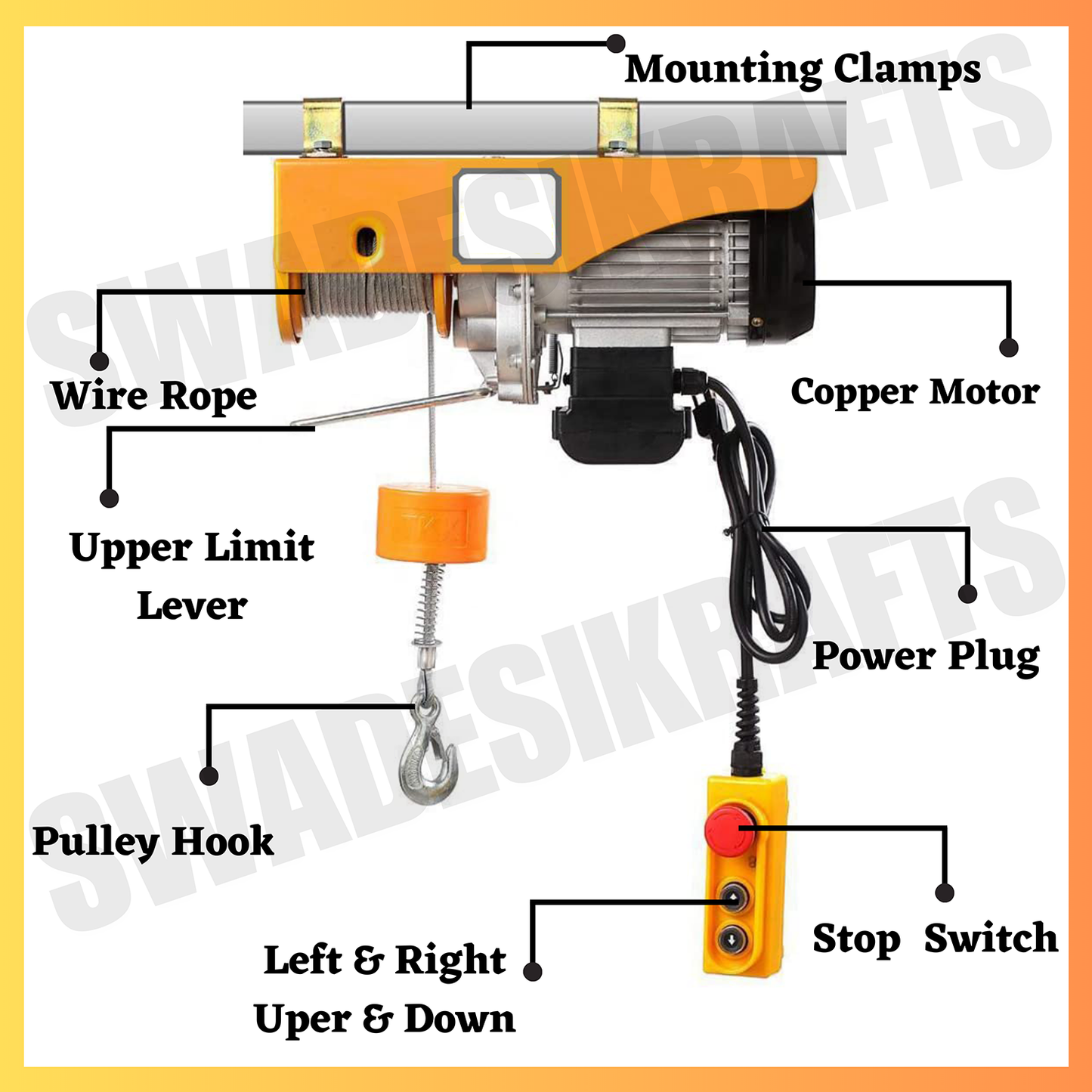 SWADESI KRAFTS 3hp PA 1000kg 20 Mtr 6mm wire Mini Electric Hoist for Heavy Material Handling With Copper Motor Single Phase | 6mm Wire Thickness | 20 meter wire Winch Construction Mini Hoist