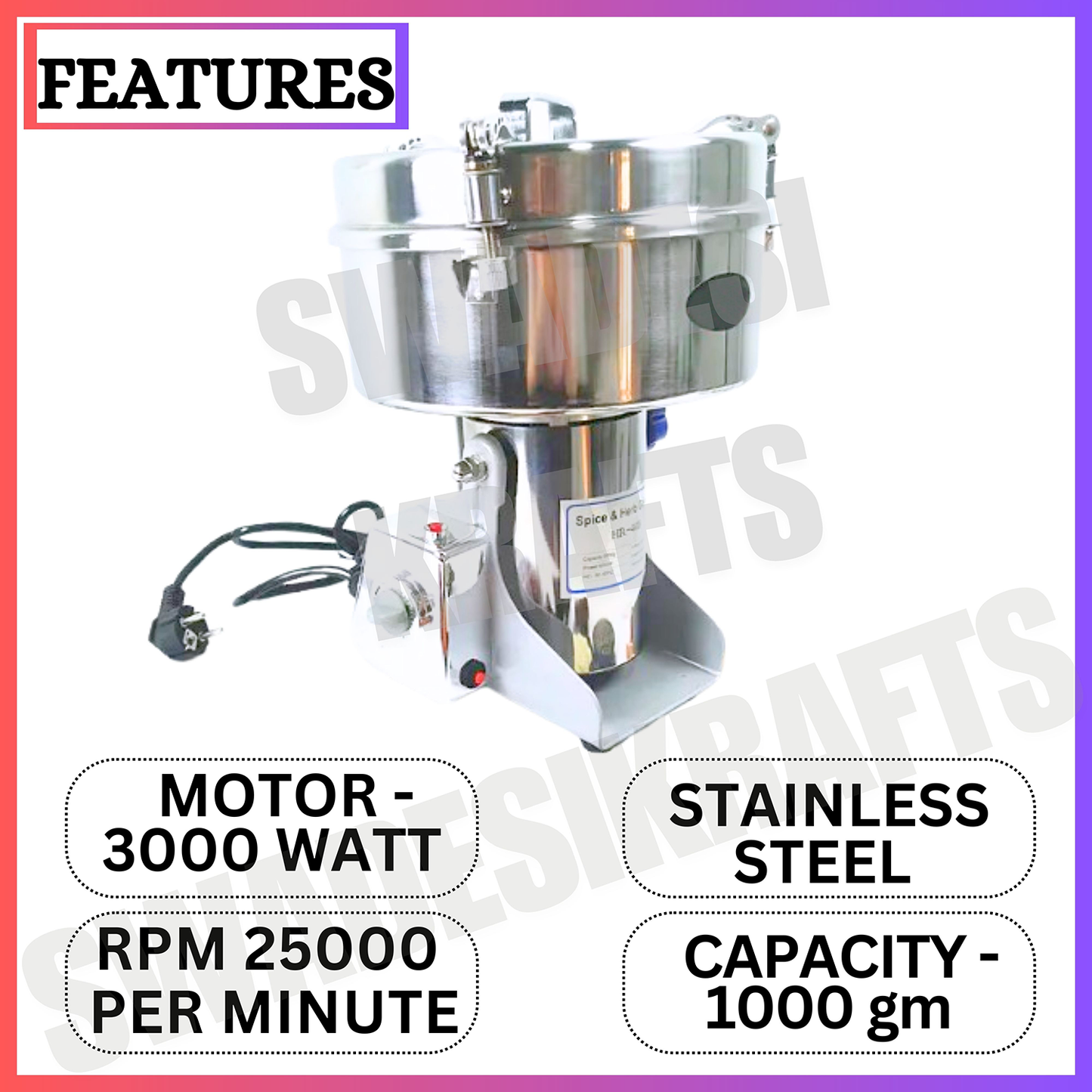 SWADESI KRAFTS Instant Masala Grinder Stainless Steel Body with 3000-Watt Motor Commercial Spice Grinder Size 9.5”X10”X16” Inch (LXWXH) is Used to Grinding Spices