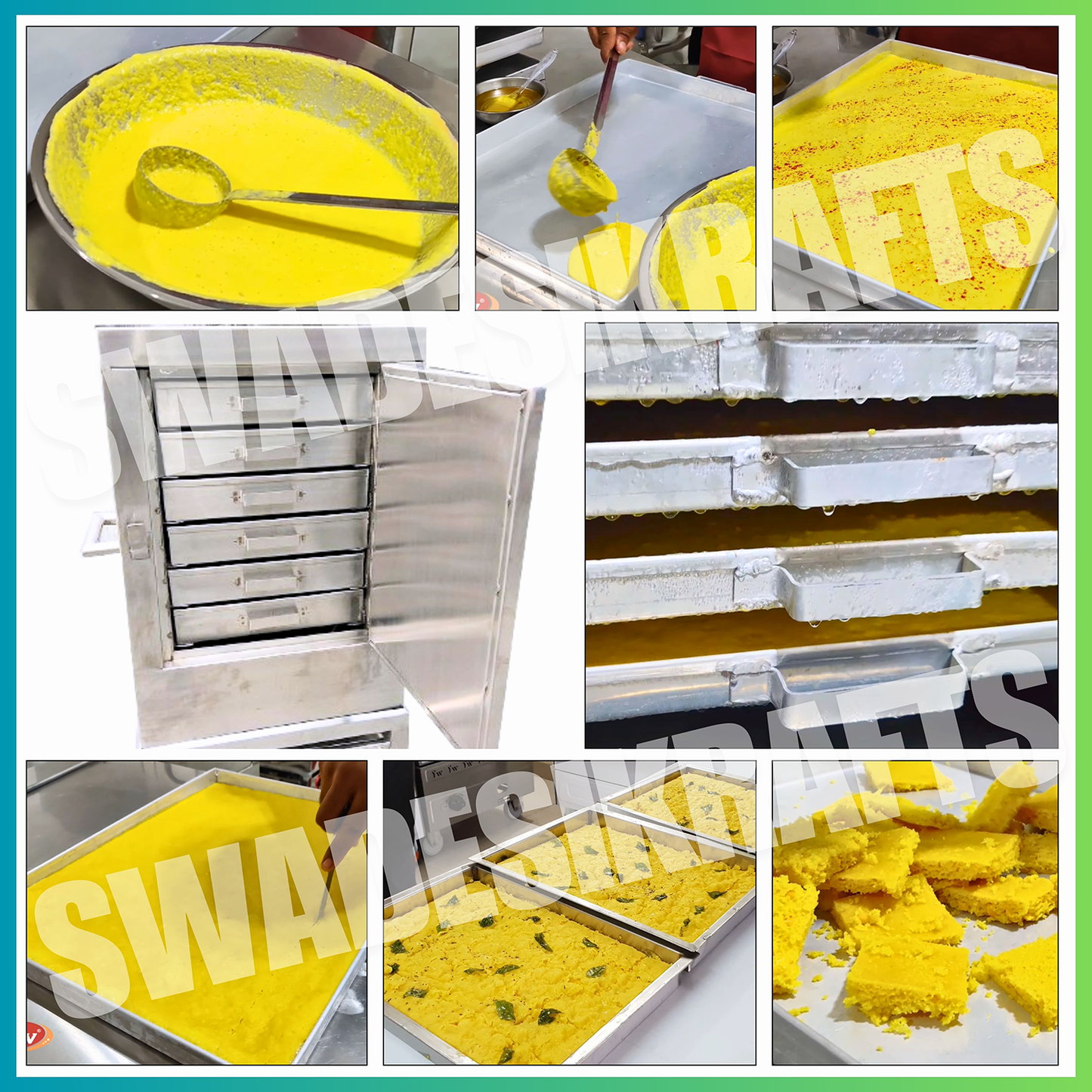 SWADESI KRAFTS khaman dhokla maker commercial stainless-steel body with 6 tray size 18x18x2.5-inch khaman dhokla machine size 23x28x52-inch (LXWXH) used For prepare steamed dhokla, khaman.