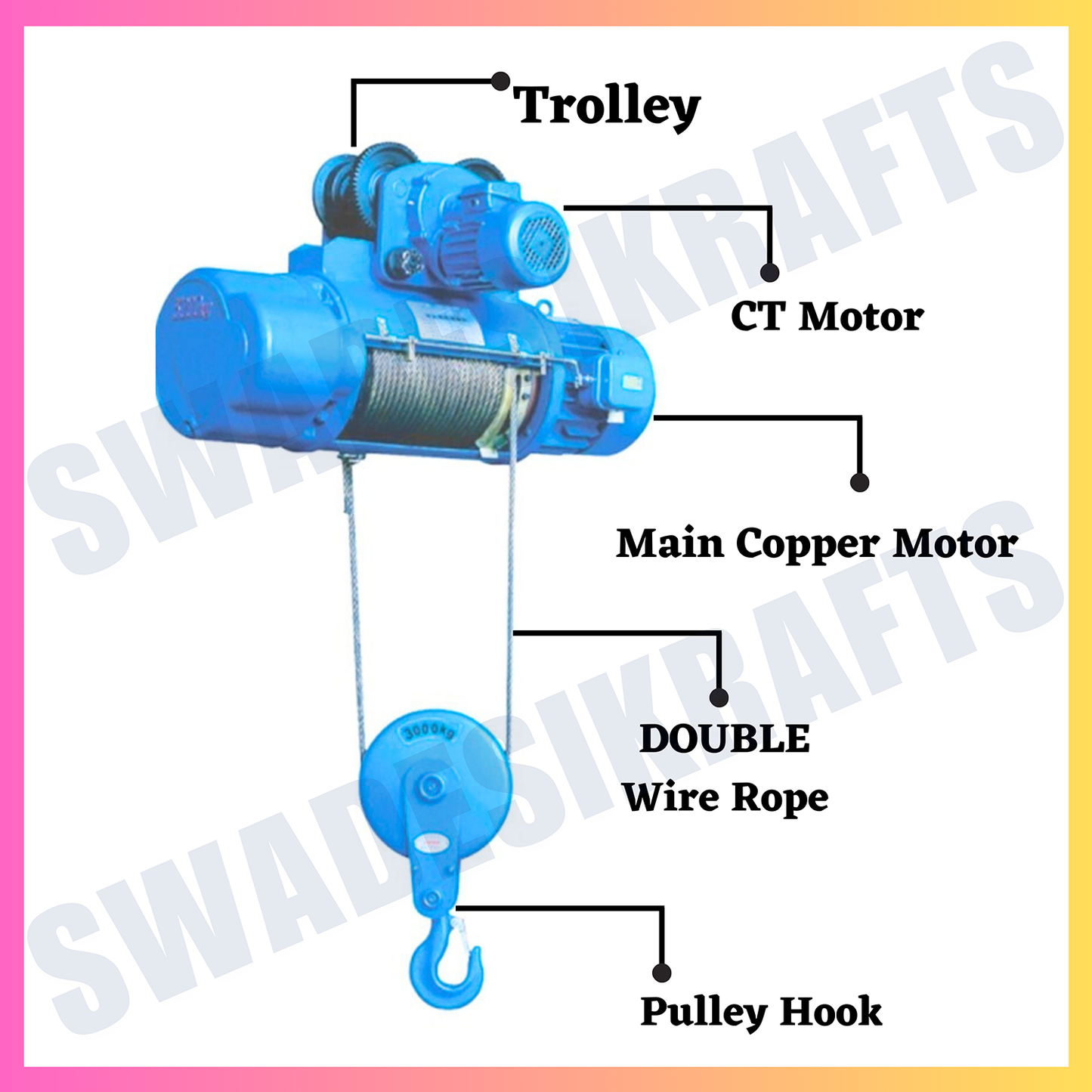 SWADESI KRAFTS CD 2Ton 10mm 9Mtr Wire Rope Hoist for Material Handling 5hp Main Motor three Phase | Winch Construction Mini Hoist 100% CT Copper Motor 0.75HP (Left & Right AND Up & Down)