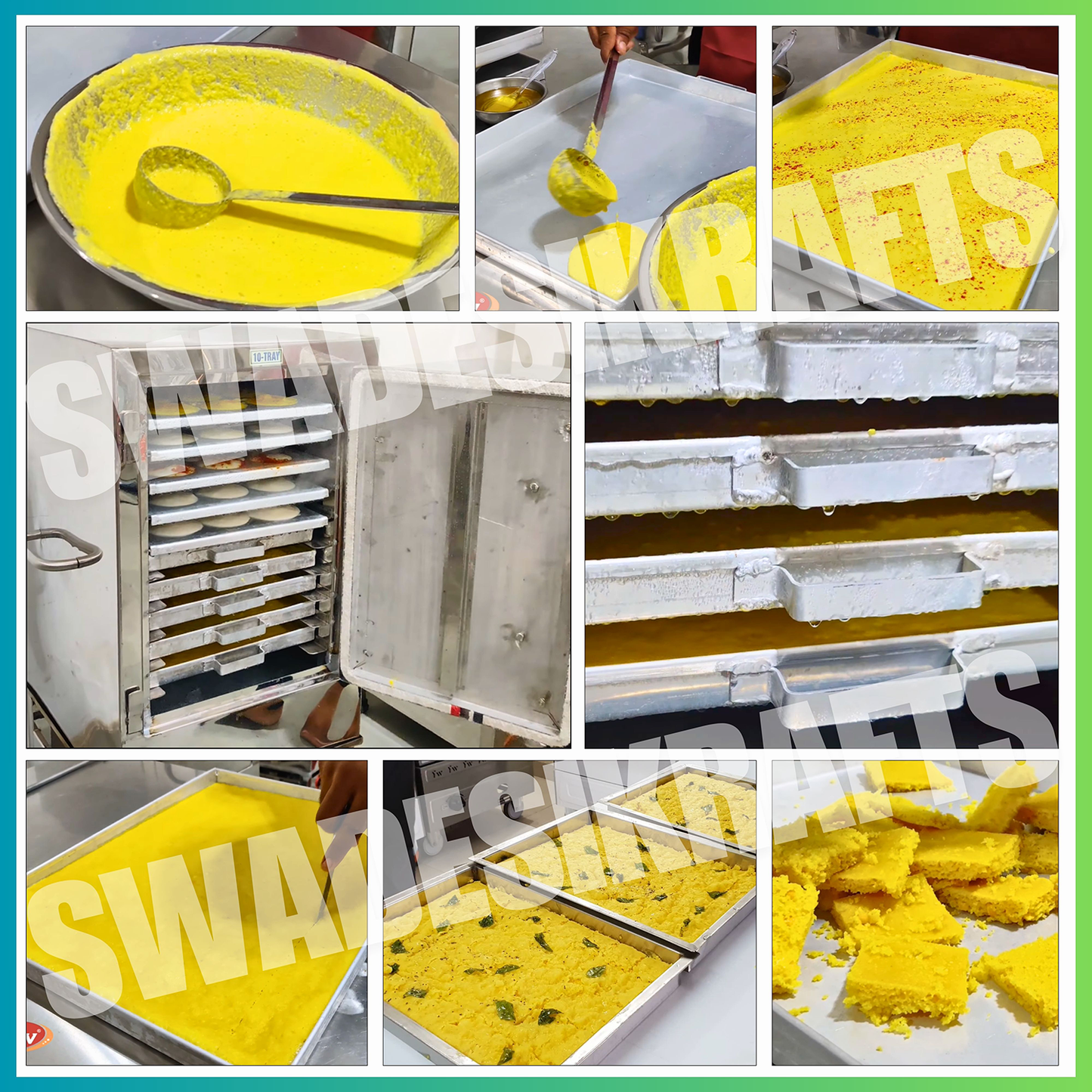 SWADESI KRAFTS khaman dhokla maker commercial stainless-steel body with 10 tray size 18x18x2.5-inch khaman dhokla machine size 28x24x66-inch (LXWXH) used For prepare steamed dhokla, khaman