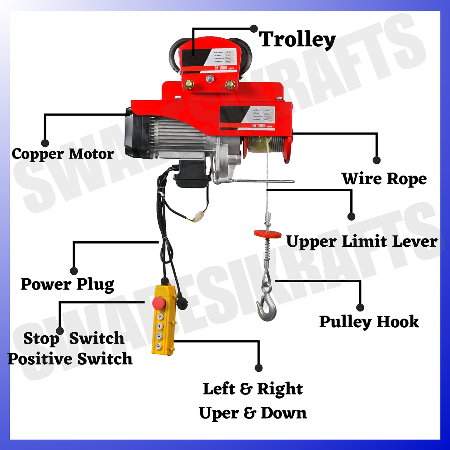 SWADESI KRAFTS PA 500kg 5mm 20Mtr Mini Electric Hoist for Material Handling 1.5hp Motor Single Phase | Winch Construction Mini Hoist 100% Copper Motor (Left & Right AND Up & Down)