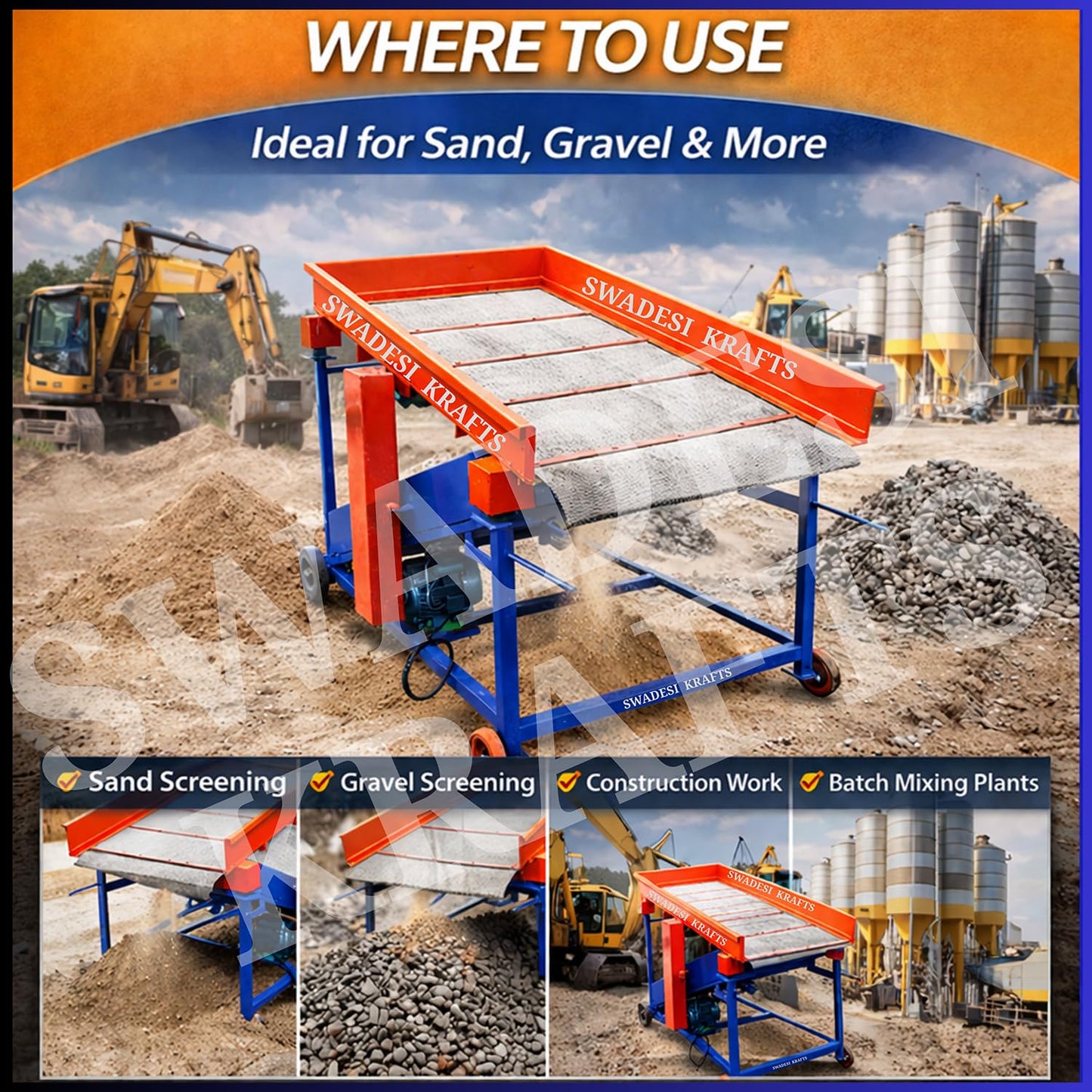 Electric Sand Sieving Machine with 2 HP Motor, 220V Vibrating Sand Separator, 5×3 Feet Sieving Bed, Heavy Duty Mild Steel Construction Sand Screening Machine for Construction Work