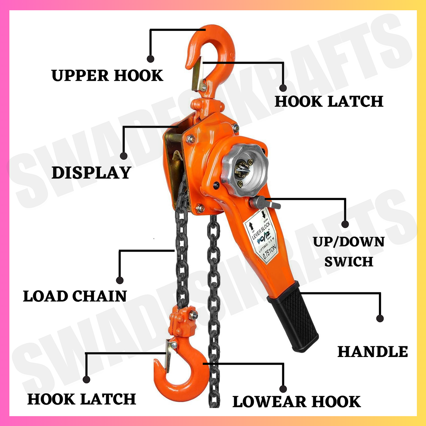 SWADESI KRAFTS Manual Ratchet Lever Hoist 1.5ton Capacity Heavy Duty Single Fall Working Height 3meter Load Chain 8mm Chain hoist Lever Block Ratchet Puller Hoist with Overload Material Movement hoist