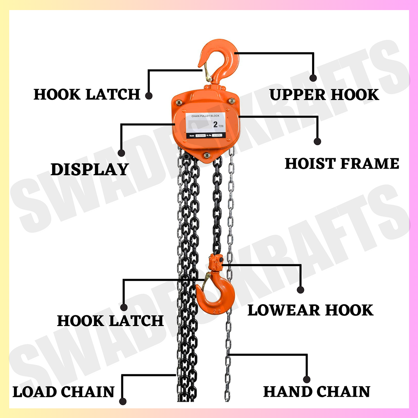 SWADESI KRAFTS VT-Series Chain Pulley Block 1ton Capacity Heavy Duty Single Fall Working Height 3meter Manual Hand Chain 5mm Load Chain 6mm Chain Block For Material Movement Hand Operating Chain Block