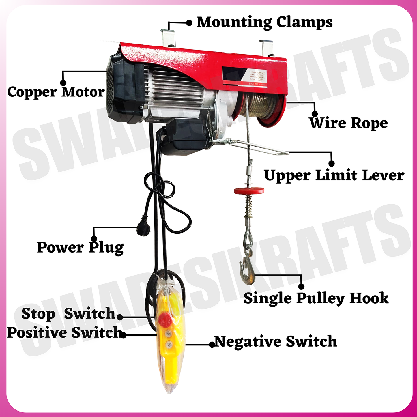 SWADESI KRAFTS 1.5hp PA 500kg 20 meter Mini Electric Hoist Material Handling With Copper Motor Single Phase | Winch Construction Mini Hoist Motor (Without Trolley)