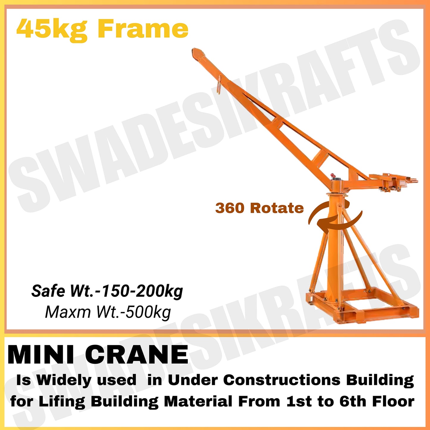 SWADESI KRAFTS Electric Mini Lifting Crane with 4HP Electric Motor & Single Trolly | 8mm Wire Thickness | 40 Meter Length of the Wire and 45-50kg Frame | Mini Crane Scale 500kg
