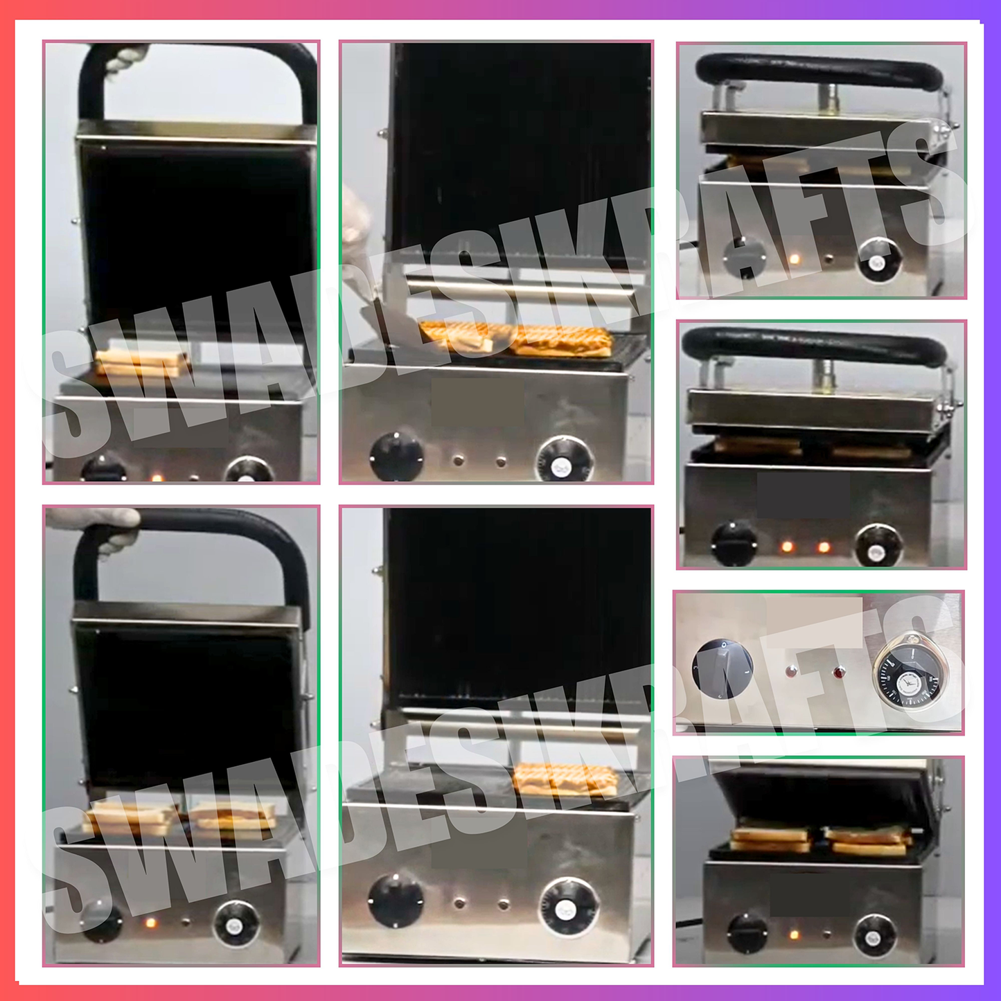 SWADESI KRAFTS Stainless Steel 202 Sandwich Griller Jumbo 1100-Watt 2 Heater| Jumbo Sandwich Grill Maker 16”X15” Inch 4pcs Sandwich | Size 20”X17”X11” Inch (LXWXH)