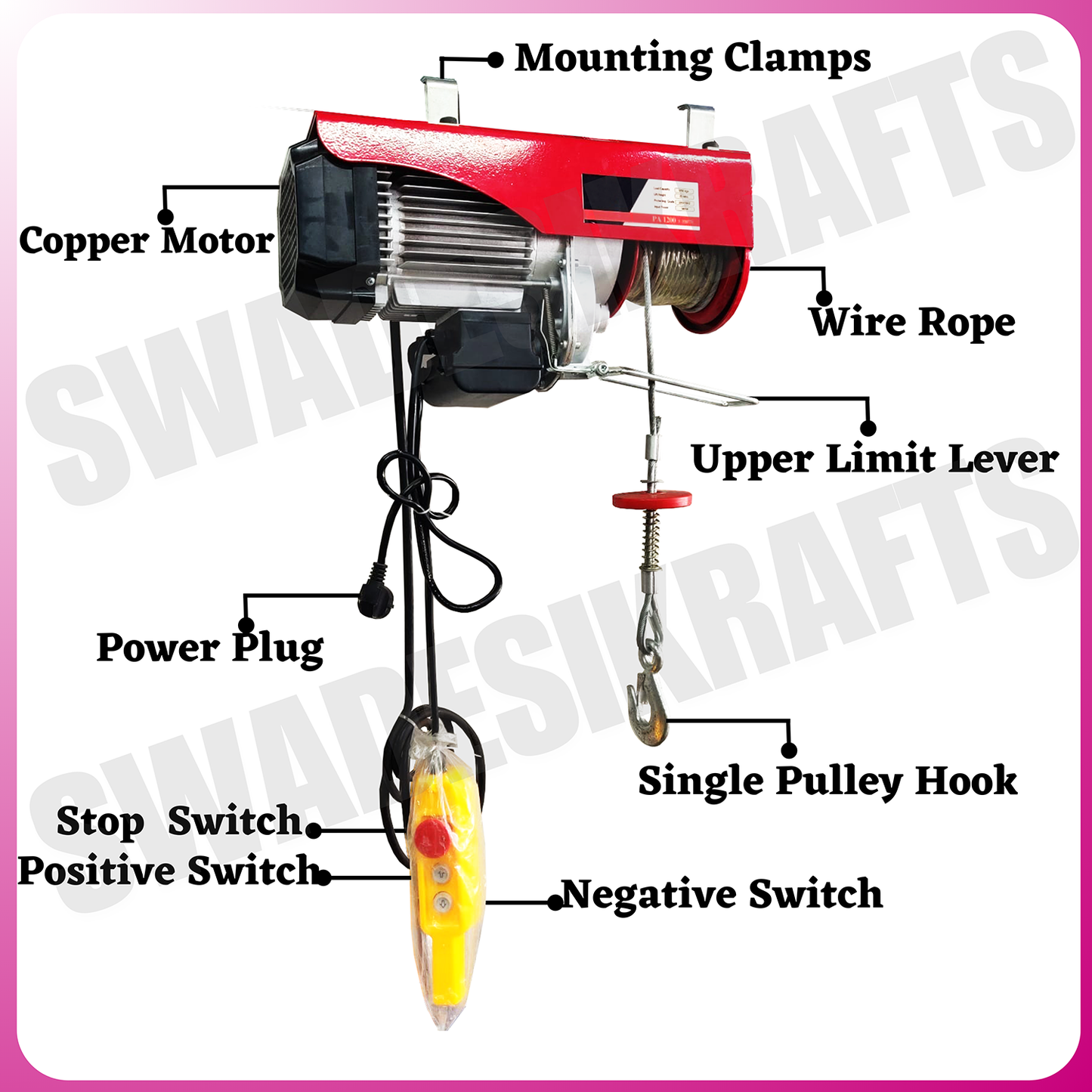 SWADESI KRAFTS 5hp PA 1500kg Mini Electric Hoist 20 Mtr Wire Length for Material Handling With Motor Single Phase | 8mm Wire Thickness | Winch Construction Mini Hoist