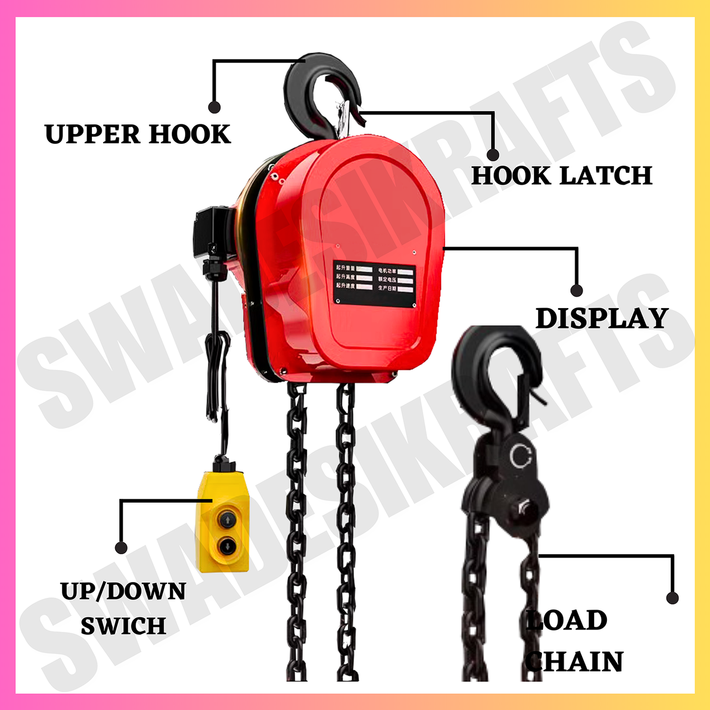 SWADESI KRAFTS 2HP DHY Three phase Electric Chain Hoist 1 Ton Capacity Heavy Duty Single Fall Working Height 3meter Load Chain 8mm Lifting Speed 2.25 meter/min with 500w Motorized Chain Pulley Block.