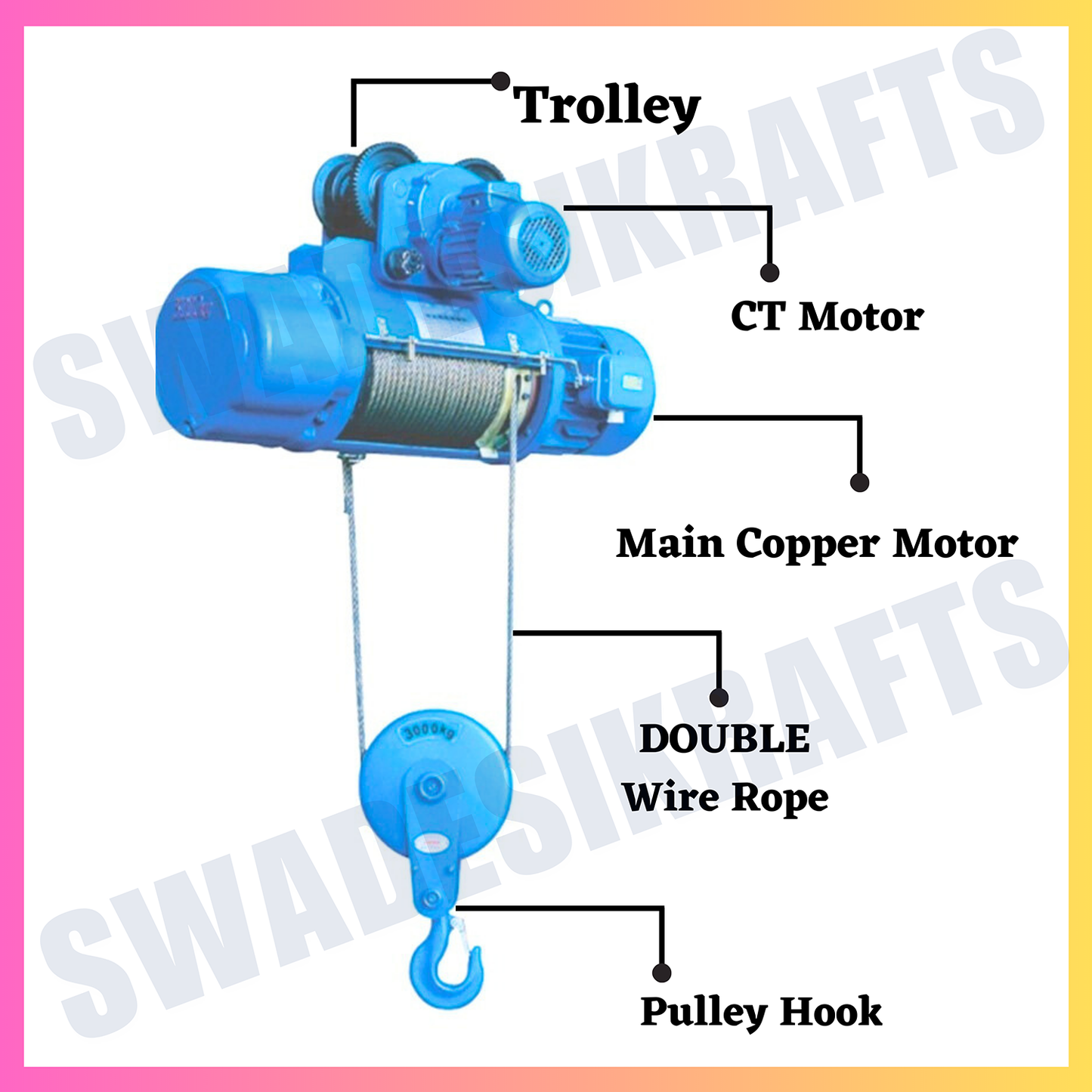 SWADESI KRAFTS CD 1Ton 8mm 9Mtr Wire Rope Hoist for Material Handling 3hp Main Motor three Phase | Winch Construction Mini Hoist 100% CT Copper Motor 0.5HP (Left & Right AND Up & Down)