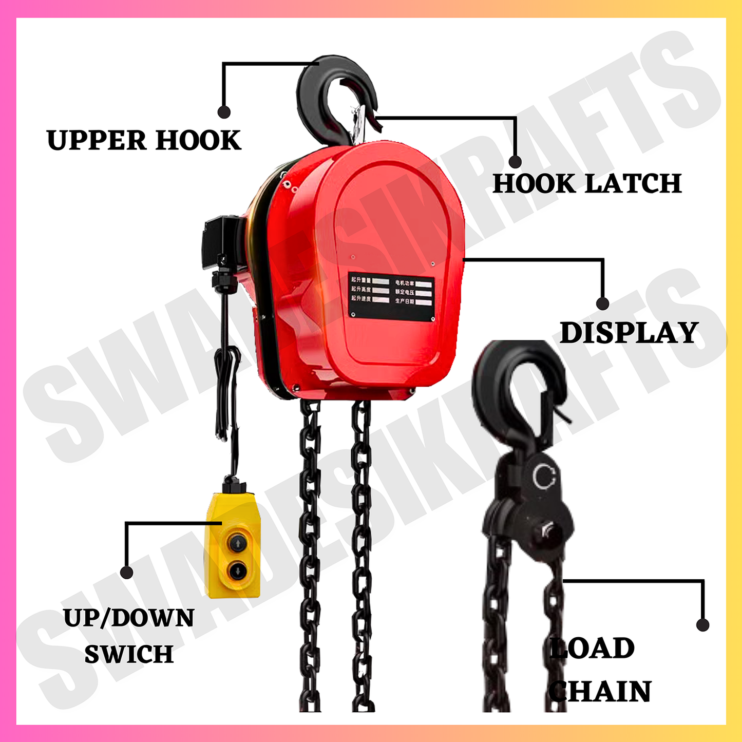 SWADESI KRAFTS 2HP DHY Three phase Electric Chain Hoist 5Ton Capacity Heavy Duty Double Fall Working Height 3meter Load Chain 10mm Lifting Speed 1.1meter/min with 500w Motorized Chain Pulley Block.
