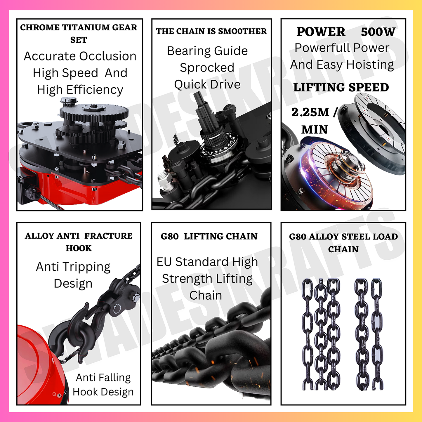 SWADESI KRAFTS 2HP DHY Three phase Electric Chain Hoist 1 Ton Capacity Heavy Duty Single Fall Working Height 3meter Load Chain 8mm Lifting Speed 2.25 meter/min with 500w Motorized Chain Pulley Block.