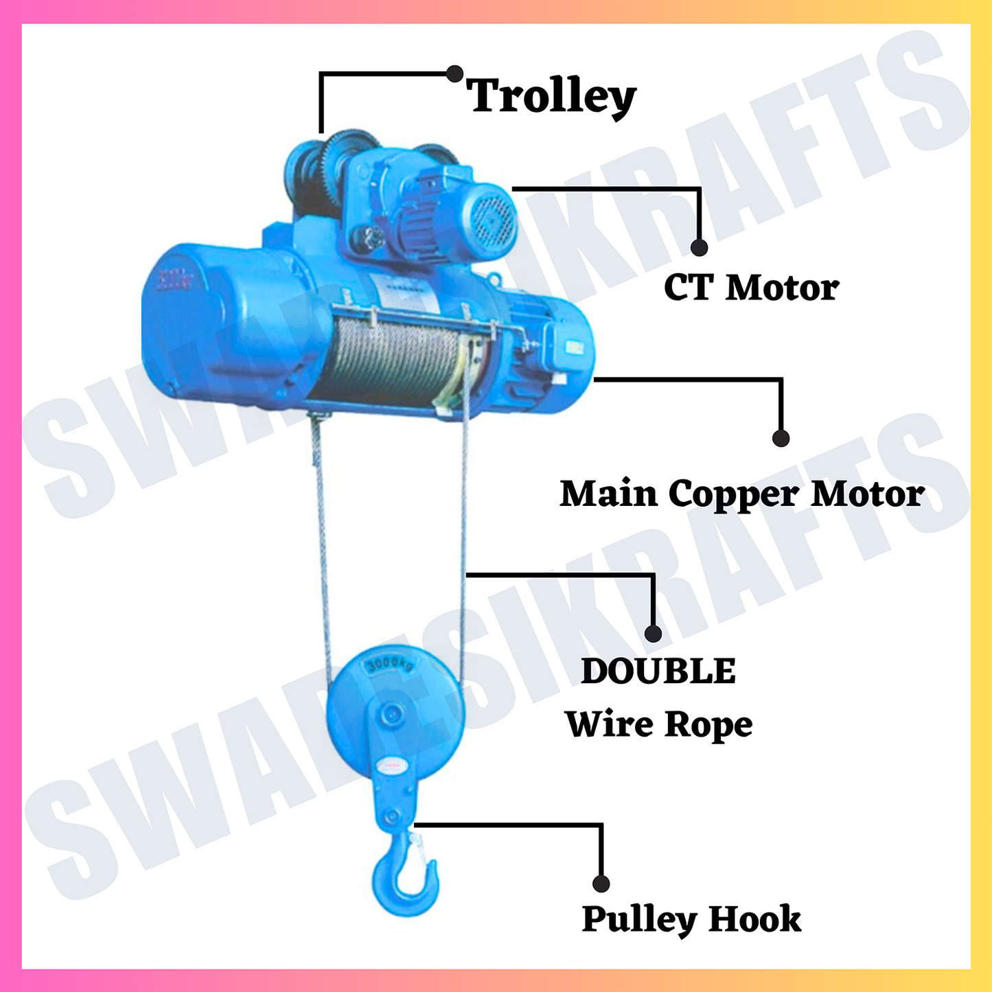 SWADESI KRAFTS CD 3Ton 12mm 9Mtr Wire Rope Hoist for Material Handling 7.5hp Main Motor three Phase | Winch Construction Mini Hoist 100% CT Copper Motor 1HP (Left & Right AND Up & Down)
