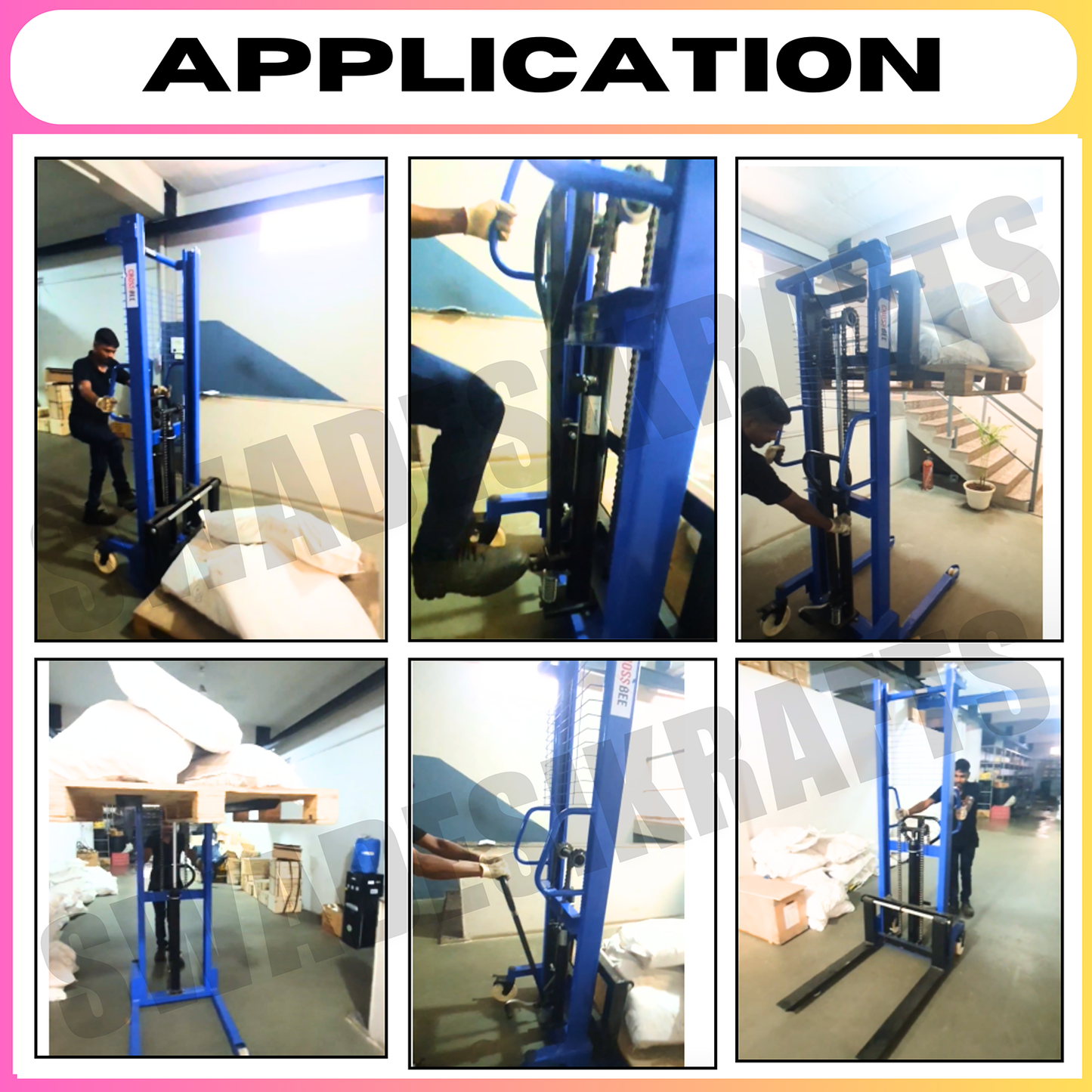 SWADESI KRAFTS Semi Manual Stackers Capacity 2 Ton Height 2050mm Outwidth750mm Fork length900 Adjust Width 230-580mm Lift Height 1600 Fork Wheel Size85x50 Back Wheel Size180x50 Whole Size2040x750x1420