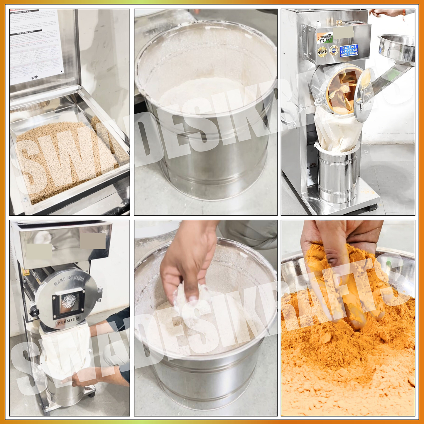 Swadesi Krafts Pulveriser Machine 5 Hp Stainless Steel Body with 5 Hp Motor Three Phase Pulveriser Machine Size 28”X20”X48” Inch (LXWXH) with 5 Jali Used for Mill Grains Like Wheat, Rice, and Spices
