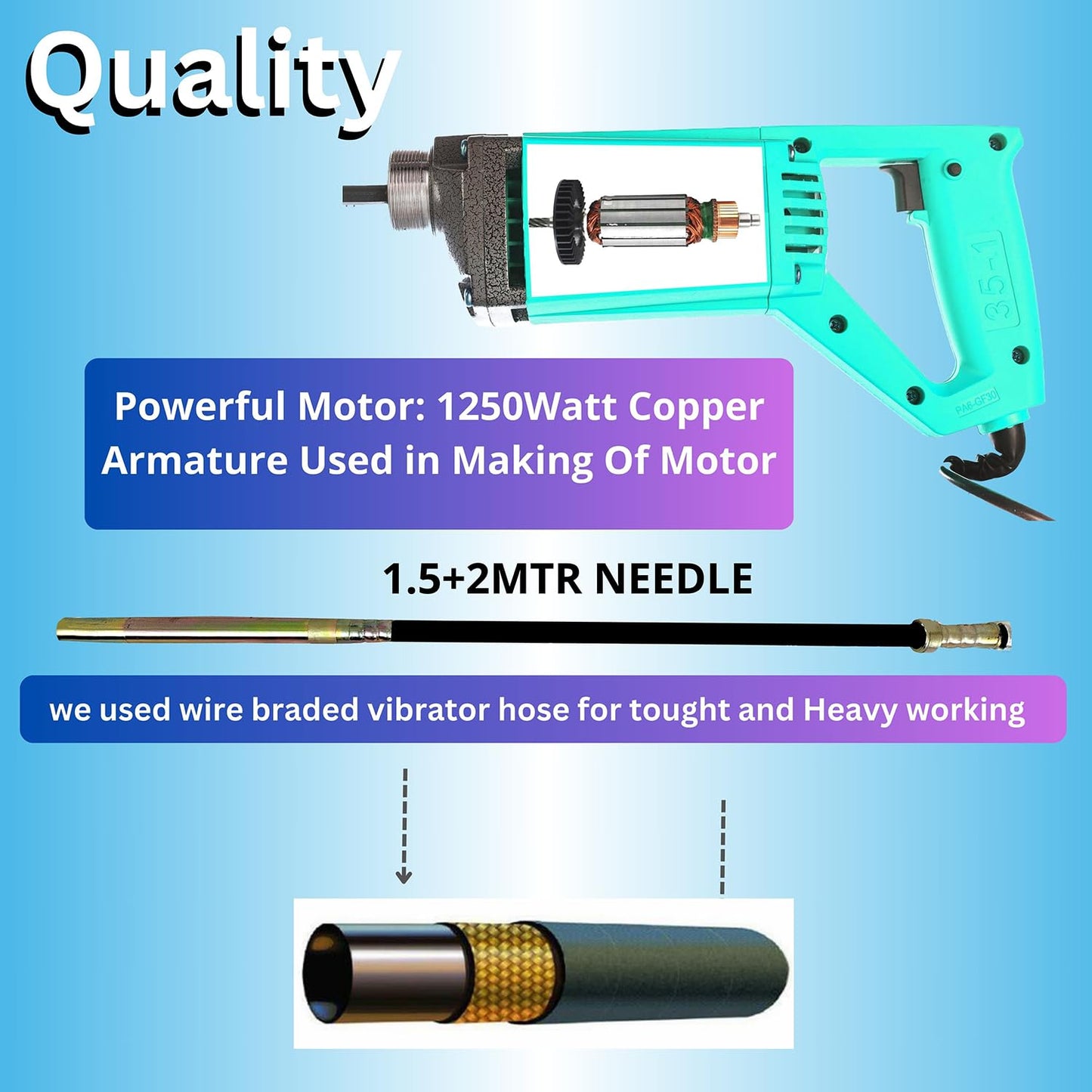 SWADESI KRAFTS 1250-WATT Concrete Vibratoriron Machine With 1.5 Mtr Needle | Electric Concrete Vibrator 13000rpm