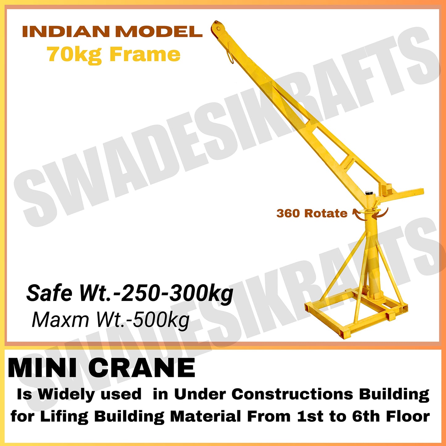 SWADESI KRAFTS Electric Mini Lifting Crane with 3HP Electric Motor with 2 Trolly | 8mm Wire Thickness | 50 Meter Length of the Wire and 70kg with 360 Adjustable Frame | Mini Crane Scale 500kg
