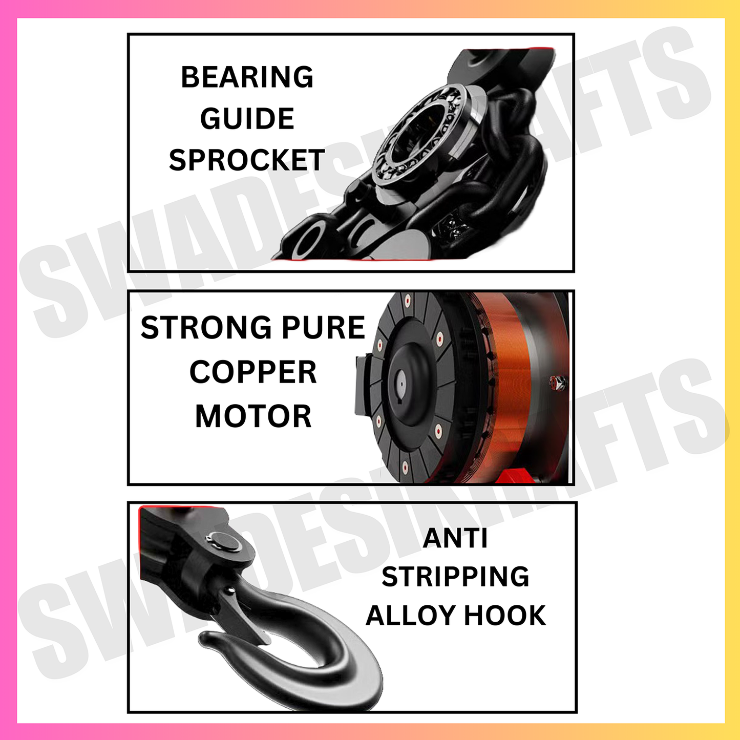 SWADESI KRAFTS 2HP DHY Three phase Electric Chain Hoist 1 Ton Capacity Heavy Duty Single Fall Working Height 3meter Load Chain 8mm Lifting Speed 2.25 meter/min with 500w Motorized Chain Pulley Block.