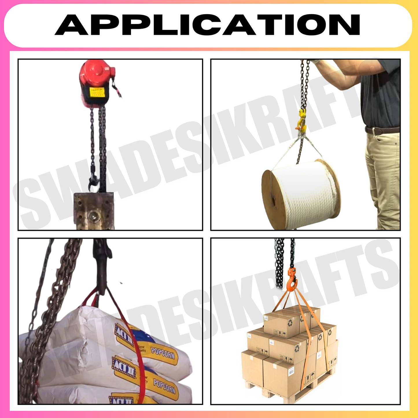 SWADESI KRAFTS 2HP DHY Three phase Electric Chain Hoist 3Ton Capacity Heavy Duty Double Fall Working Height 3meter Load Chain 10mm Lifting Speed 1.1meter/min with 500w Motorized Chain Pulley Block.