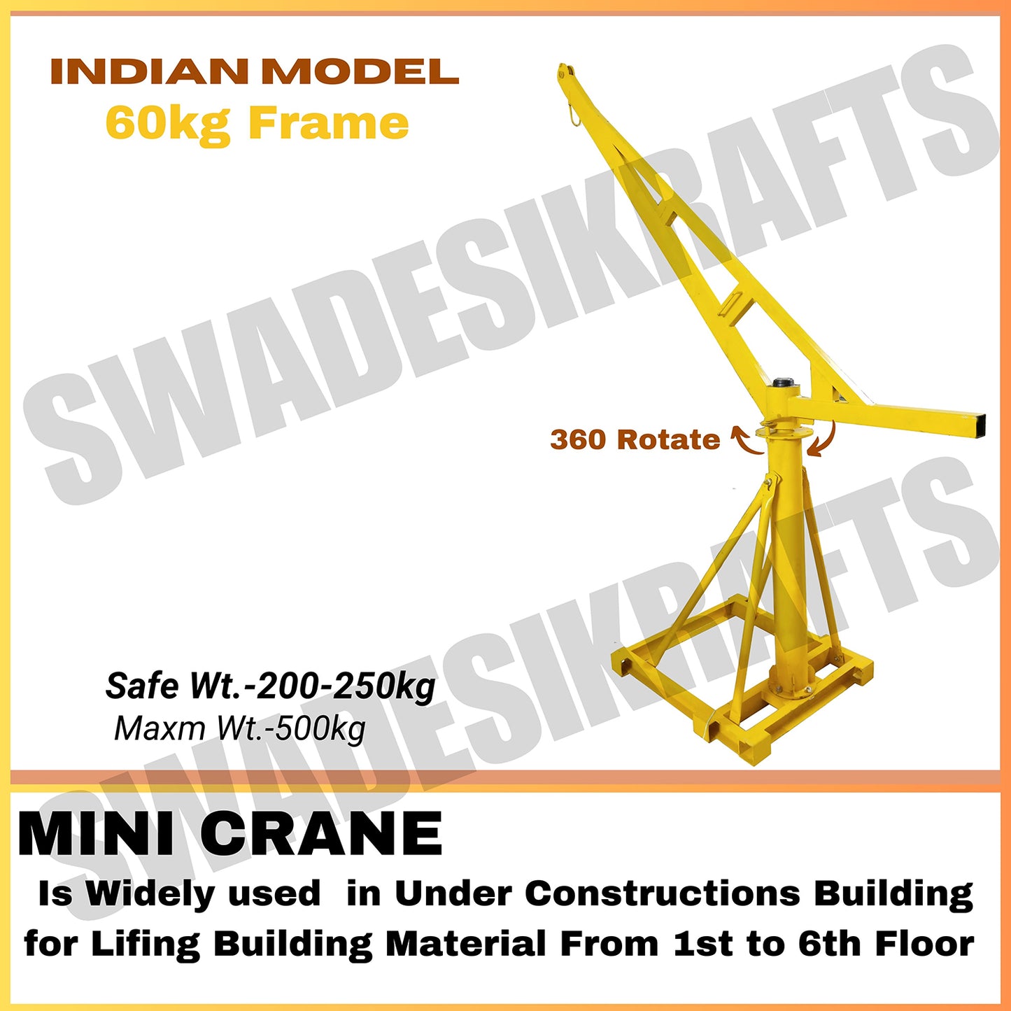 SWADESI KRAFTS Electric Mini Lifting Crane with 3HP Electric Motor with 2 Trolly | 8mm Wire Thickness | 50 Meter Length of the Wire and 60kg Frame | Mini Crane Scale 500kg