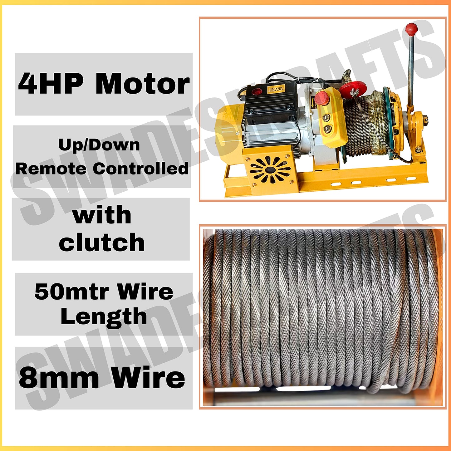 SWADESI KRAFTS Electric Mini Lifting Crane with 4HP Electric Motor & Single Trolly | 8mm Wire Thickness | 40 Meter Length of the Wire and 45-50kg Frame | Mini Crane Scale 500kg