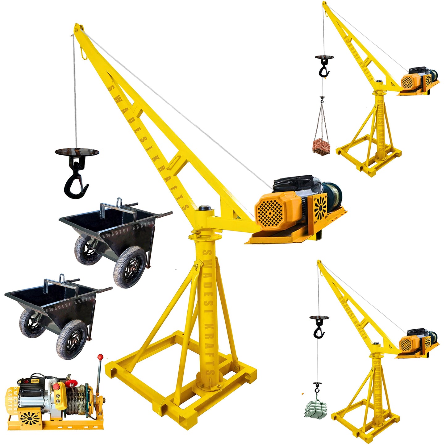 SWADESI KRAFTS Electric Mini Lifting Crane with 3HP Electric Motor with 2 Trolly | 8mm Wire Thickness | 50 Meter Length of the Wire and 60kg Frame | Mini Crane Scale 500kg